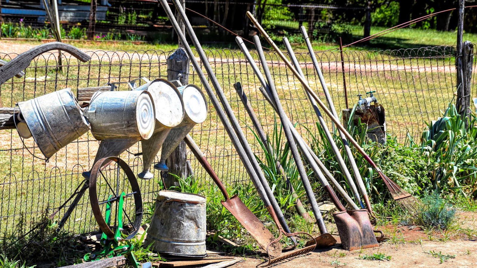 garden tools on fence